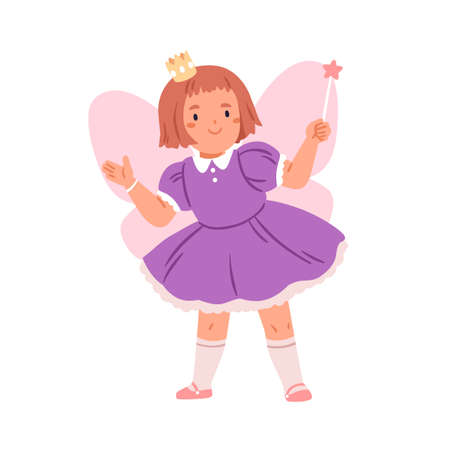 Cute fairy girl disguised in tale princess costume with wings. Happy kid in fantasy dress. Fairytale character with wand stick and crown. Flat vector illustration isolated on white backgroundのイラスト素材