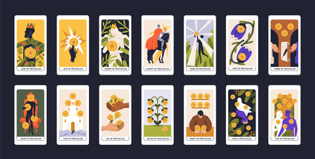 Suit of Coins in occult tarot cards deck. Minor arcanas designs set with Ace, Knight, King, Queen, Page of Pentacles signs and symbols in modern style. Isolated colored flat vector illustrationsのイラスト素材