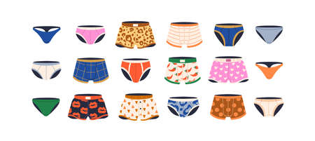 Men underwear set. Male underpants, trunks, panties of different types, shapes. Boxers, briefs, thongs pants models. Modern underclothing. Flat vector illustrations isolated on white backgroundのイラスト素材