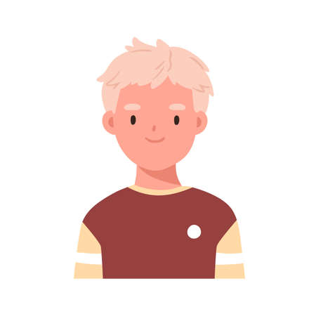 Cute boy head portrait. Positive child face avatar. Happy smiling school kid, little student. Adorable Scandinavian schoolboy with blonde hair. Flat vector illustration isolated on white backgroundのイラスト素材