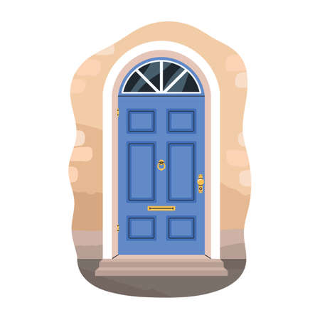 Front door of dwelling house. Home entrance exterior, facade. Arch doorway outdoors. Entry with threshold, gold knocker, knob and mail slot. Flat vector illustration isolated on white backgroundのイラスト素材