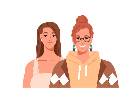 Happy girls friends face portrait. Smiling pretty women couple together. Female partners, different young modern girlfriends characters. Flat vector illustration isolated on white backgroundのイラスト素材