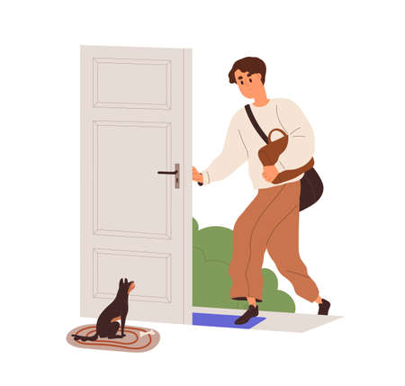 Person leaving home, going out. Dog seeing off man, waiting return at doorway. Pet owner and cute doggy at house door. Devoted canine animal. Flat vector illustration isolated on white backgroundのイラスト素材