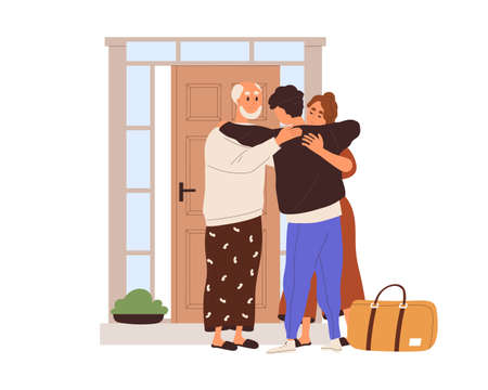 Man leaving native parents house. Mother, father seeing adult son off, hugging before separation, moving from home. Mom, dad and student at door. Flat vector illustration isolated on white backgroundのイラスト素材