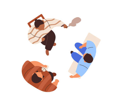 Men friends gathering together, talking, top view. Overhead guys during communication. People group from above, relaxing, meeting outdoors. Flat vector illustration isolated on white backgroundのイラスト素材