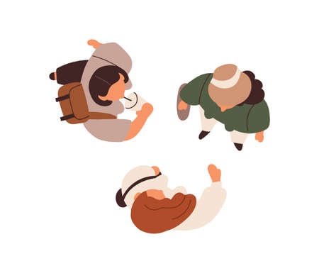 Women friends standing together, top view. Young modern girls meeting, gathering outdoors from above. Overhead people, girlfriends talking. Flat vector illustration isolated on white backgroundのイラスト素材