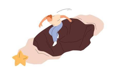 Challenge, achieving ambitious aim concept. Person overcoming obstacles, hurdles, reaching toward goal, success. Man taking risk with courage. Flat vector illustration isolated on white backgroundのイラスト素材