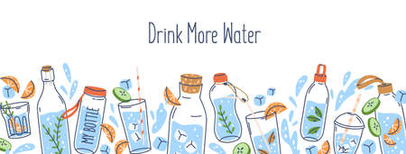 Water glasses and bottles border on ad banner. Summer aqua drinks, cold refreshment lemonades, detox beverages with ice cubes, splashes, fruits on promo background. Colored flat vector illustrationのイラスト素材