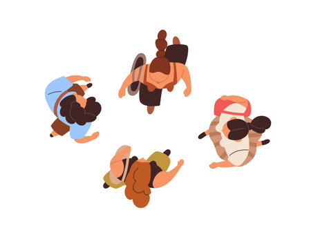 People top above view. Women going, walking outdoor. Young modern girls on street overhead. Female pedestrians, citizens, passers in motion. Flat vector illustration isolated on white backgroundのイラスト素材