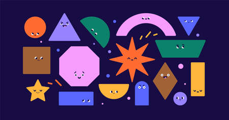 Geometric shape characters with cute face, emotion. Funny comic geometry figures for childish...