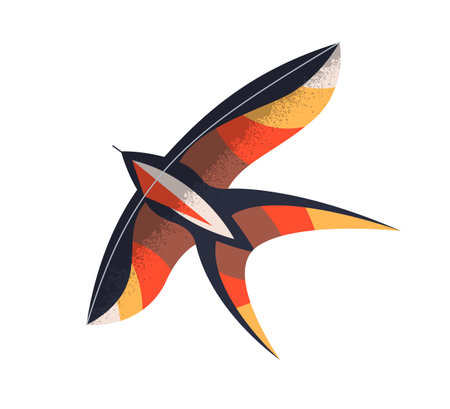 Bird-shaped wind air kite flying, floating. Kids paper swallow toy design. Childish summer entertainment object with wings, tail. Flat vector illustration isolated on white backgroundのイラスト素材