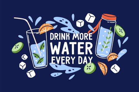 Drink more water, card background with detox drinks in glass and bottle. Promo design of cold summer healthy aqua beverages with fruits, cucumbers, ice, mint. Colored flat vector illustrationのイラスト素材