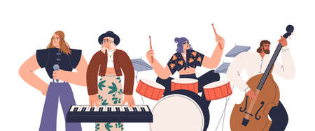 Music band playing instruments, singing. Star people group of vocalist singer and musicians performing on contrabass, synthesizer, drums. Flat graphic vector illustration isolated on white backgroundのイラスト素材