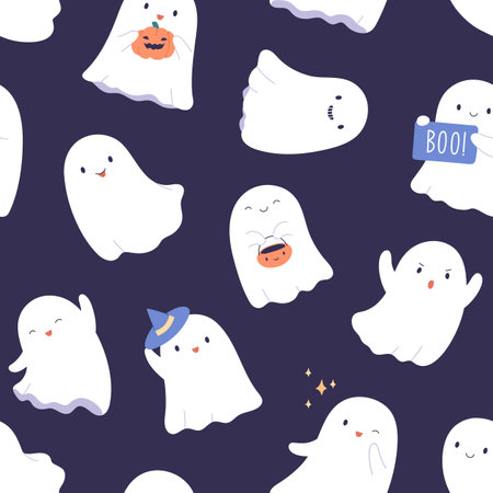 Seamless Halloween pattern with cute baby ghosts. Endless background, texture design with happy funny childish phantoms, spirits, repeating print. Colored flat graphic vector illustration for textileのイラスト素材