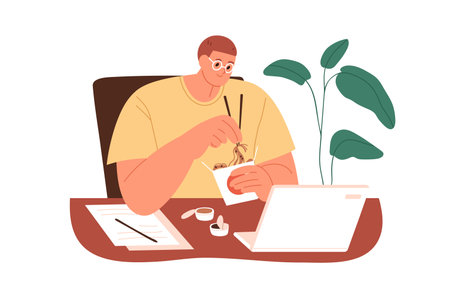 Employee eating Asian food at workplace. Office worker working at laptop and having lunch, noodle in box. Hungry busy person at work desk. Flat vector illustration isolated on white backgroundのイラスト素材