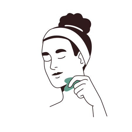 Woman scraping face chin with guasha tool. Young girl using gua sha scraper during self lifting, contour massage with jade stone massager. Flat graphic vector illustration isolated on white backgroundのイラスト素材
