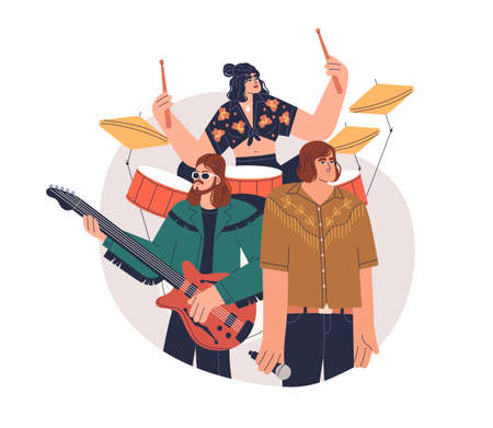 Music band with musicians playing instruments, vocalist. Pop rock trio group. Woman drummer performing on drums, man guitarist with guitar. Flat vector illustration isolated on white backgroundのイラスト素材