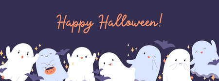 Cute Halloween banner with happy ghosts. Helloween holiday night background design with spooks, boo characters, phantoms for funny spooky October party. Childrens colored flat vector illustrationのイラスト素材