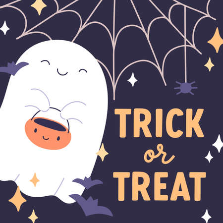 Trick or Treat card design with cute happy ghost, spider web. Childish boo character, spirit, spook on Halloween holiday greeting postcard for spooky night party. Kids flat vector illustrationのイラスト素材