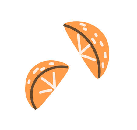 Orange fruit slices, pieces. Sweet citrus parts, cut segments composition. Fresh tropical juicy food. Exotic clementine. Flat vector illustration isolated on white backgroundのイラスト素材