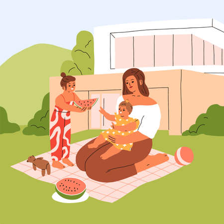 Mother and kids relaxing on backyard, sitting on picnic blanket outdoors. Mom and girls children resting together on grass lawn on summer holiday, summertime weekend. Flat vector illustrationのイラスト素材