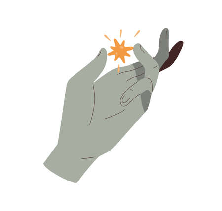 Witch hand with magic crystal, gold star. Holding sacred occult abstract supernatural mystic object for witchcraft, sorcery. Mystery concept. Flat vector illustration isolated on white backgroundのイラスト素材