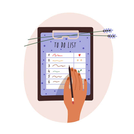 Writing daily plan on to-do list form. Hand with pen making todo notes on paper sheet on clipboard. Organizing personal time, schedule. Flat graphic vector illustration isolated on white backgroundのイラスト素材