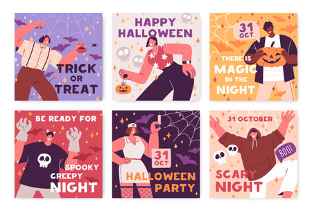 Halloween party cards designs. Helloween holiday square flyers backgrounds. Promo templates set for creepy scary October carnival night celebration with happy people. Colored flat vector illustrationsのイラスト素材