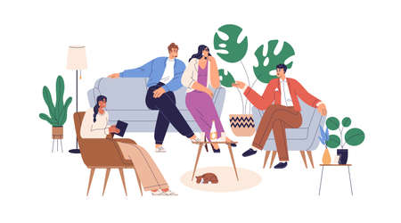 People talk in living room. Friends gathering, communication at home lounge. Men, women characters speak together, sit on couch, in armchairs. Flat vector illustration isolated on white backgroundのイラスト素材