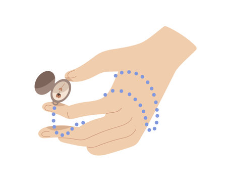 Jewelry pendant in hand. Holding medallion on chain, necklace. Opening amulet with flower. Secret romantic jewel, sacred talisman for luck. Flat vector illustration isolated on white backgroundのイラスト素材