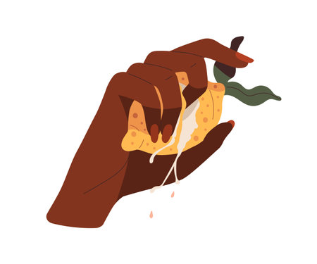 Hand squeezing lemon. Finger pressing into ripe citrus flesh, fruit juice drop dripping out. Women arm and whole juicy citron pulp. Flat graphic vector illustration isolated on white backgroundのイラスト素材