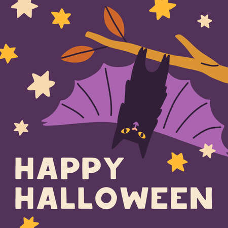 Happy Halloween greeting card design. Helloween holiday background template with cute funny spooky vampire bat. Square postcard for kids October night. Childish flat graphic vector illustrationのイラスト素材