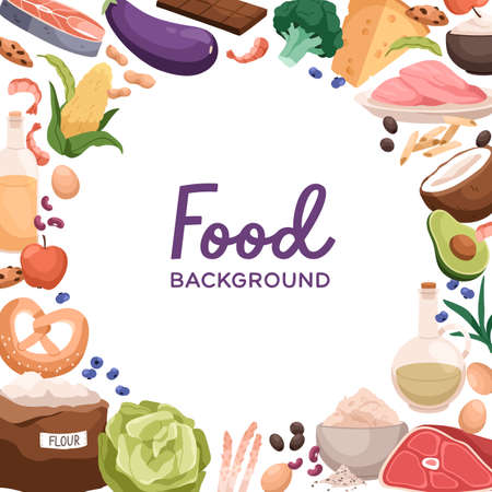 Healthy food, nutrition card. Vitamin nutrients frame, square background template design with natural organic products, vegetables, fruits, nutritious meat, oil. Flat cartoon vector illustrationのイラスト素材