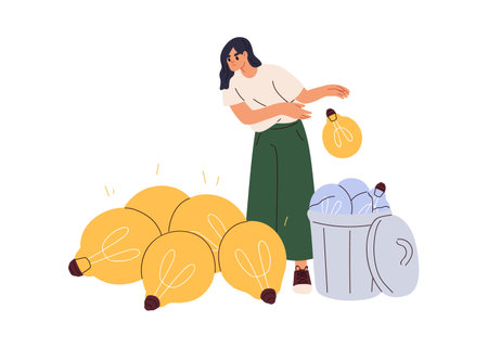 Throwing away business ideas to trash bin concept. Creative person chooses, searches solution, dislikes bad useless thoughts, lightbulbs. Flat graphic vector illustration isolated on white backgroundのイラスト素材