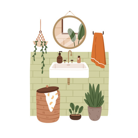 Bathroom mirror and sink in modern interior. Hygiene bath room furniture, decoration. Washbasin, faucet, wall tile, towel, home plants and basket. Flat vector illustration isolated on white backgroundのイラスト素材