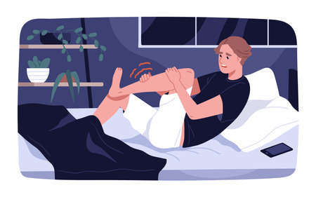Sudden muscle ache, cramp at night. Person touching hurting leg with acute pain. Man waking up in bed with numb spasm, joint disorder, strain, sprain after injury, trauma. Flat vector illustrationのイラスト素材