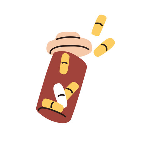 Bottle of abstract pills. Medicines, vitamins in capsules scattered from glass drug container. Health supplement in open transparent jar with lid. Flat vector illustration isolated on white backgroundのイラスト素材