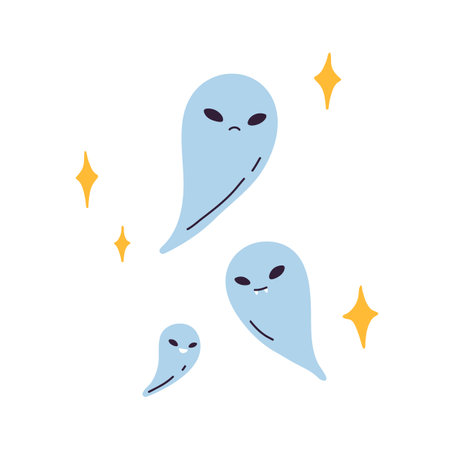 Spooky Halloween ghosts flying. Cute scary creepy phantoms floating. Funny Halloween spooks characters at magic October night. Childish flat vector illustration isolated on white backgroundのイラスト素材
