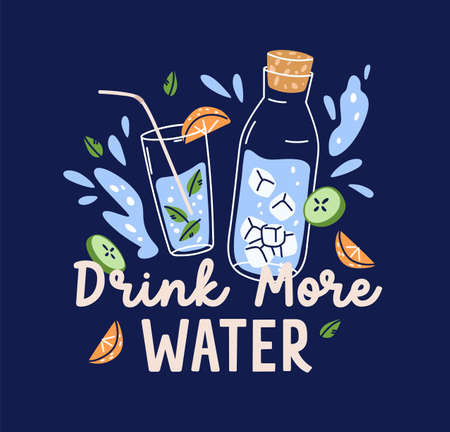 Detox card design with infused water bottle and glass. Aqua soda drink with cucumber, orange fruit, mint infusion and ice cubes. Healthy summer lemonade on background. Flat graphic vector illustrationのイラスト素材
