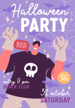 Halloween party poster design. Halloween holiday flyer background. October carnival template, invitation card for creepy spooky night. Vertical promotion banner. Colored flat vector illustrationのイラスト素材