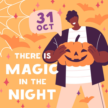 Halloween holiday square card design. Magic spooky October night postcard template with happy black man with orange pumpkin, web, bats. Helloween background. Colored flat vector illustrationのイラスト素材