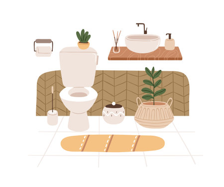 Restroom, home water closet interior design. Modern toilet with flush bowl, washbasin, house plants, furniture. Lavatory room in Scandi style. Flat vector illustration isolated on white backgroundのイラスト素材
