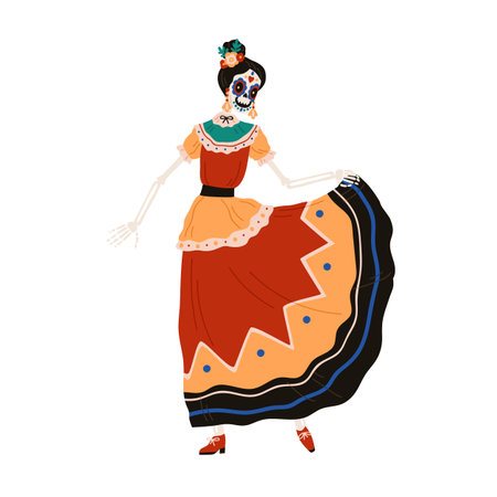 Mexican Catrina Calavera skeleton dancing in dress. Woman disguised in Katrina costume for El dia de los Muertos, Day of Dead holiday party. Flat vector illustration isolated on white backgroundのイラスト素材