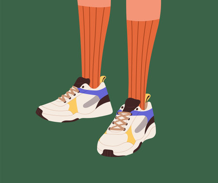 Fashion sneakers and long socks on women feet. Modern trendy sport shoes, girls athletic footwear on female legs. Stylish sporty comfortable leather footgear model. Colored flat vector illustrationのイラスト素材