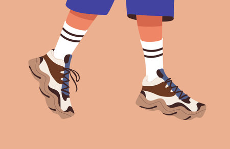 Legs in sneakers and socks walking. Girls feet in sport shoes, modern fashion leather footwear. Women foot wearing comfortable stylish sporty footgear. Colored flat vector illustrationのイラスト素材