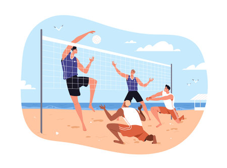 Men teams play beach volleyball with net on sand, sea shore on summer vacation. Friends during volley ball, sport game, holiday leisure activity. Flat vector illustration isolated on white backgroundのイラスト素材