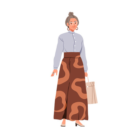 Senior old woman in modern clothes, wearing accessories, jewelry. Elegant elderly aged lady in skirt, blouse, heeled shoes and glasses. Flat graphic vector illustration isolated on white backgroundのイラスト素材