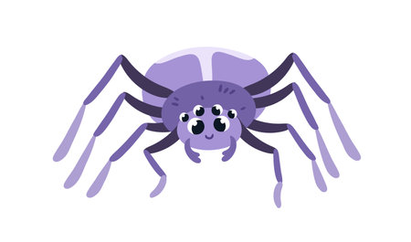 Happy cute spider with eyes and legs. Funny arachnid, childish character. Smiling comic insect with positive expression, emotion. Kids flat vector illustration isolated on white backgroundのイラスト素材