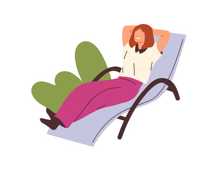Happy woman relaxing, lying on chaise longue. Female employee chilling on deck chair at break. Relaxation of office worker lounging, resting. Flat vector illustration isolated on white backgroundのイラスト素材
