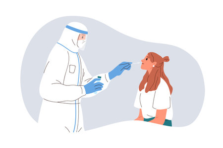 Nurse taking nasal swab from nose for lab PCR test, virus. Doctor in PPE, patient during virus diagnostic. Flat vector illustration isolated on white backgroundのイラスト素材